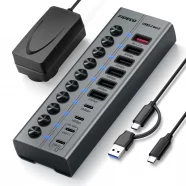 FIDECO Aluminum Multiport Powered With Individual Power Switches Usb 3.0 Hubs Splitters 10 Ports