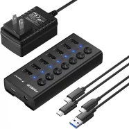 FIDECO Aluminum Multiport Powered With Individual Power Switches Usb 3.0 Hubs Splitters 7 Ports